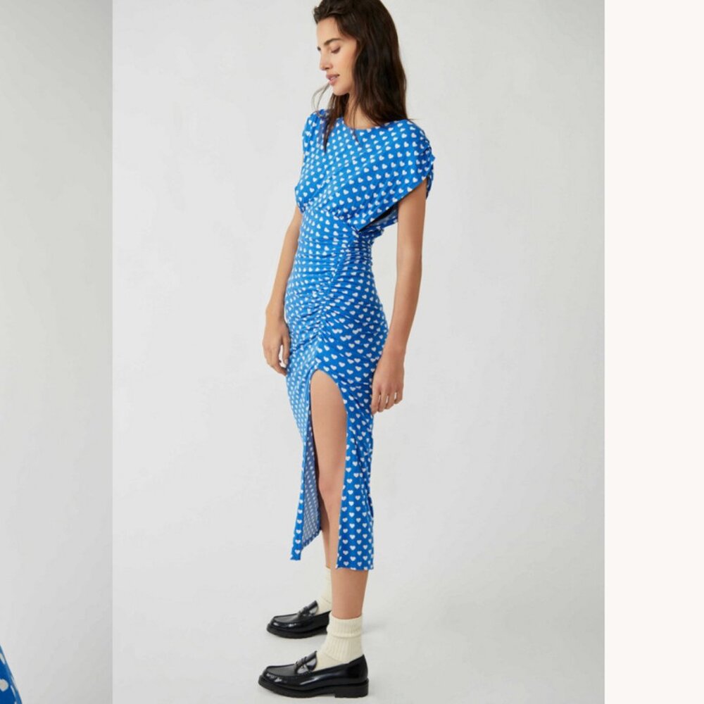 Free people Lakeside PolkaDot Heart Side Slit Cutout Back Maxi Dress Size M Blue - Picture 2 of 14